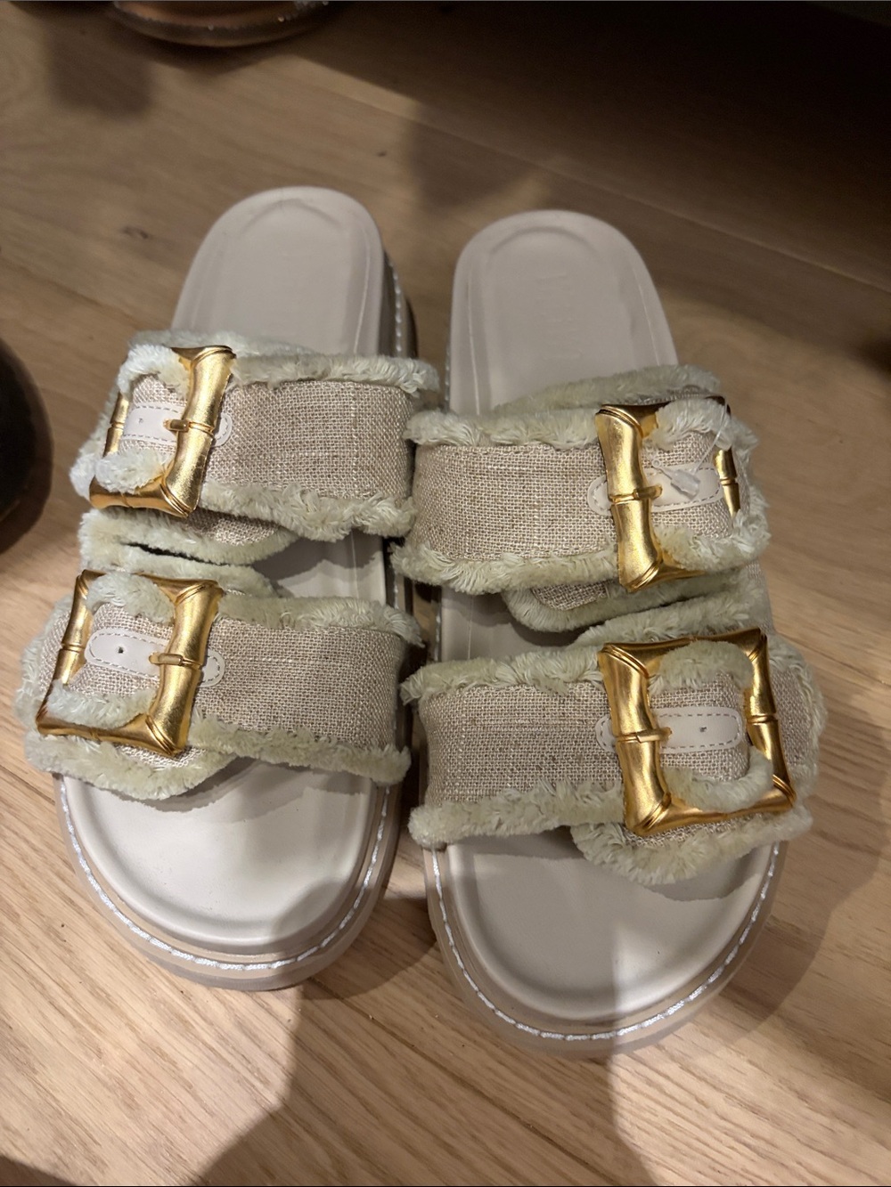 Slide Sandals with Gold Buckles in Beige